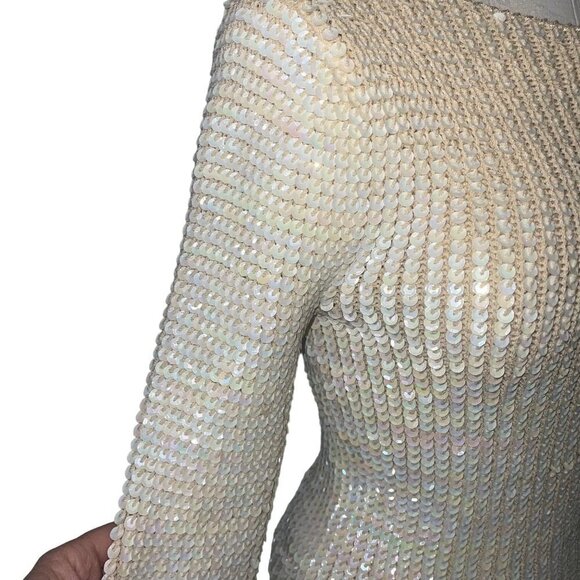 Sequin Vintage Womens Sweater Size Small Cream Knit Long Sleeve Scoop Neck - Picture 6 of 11